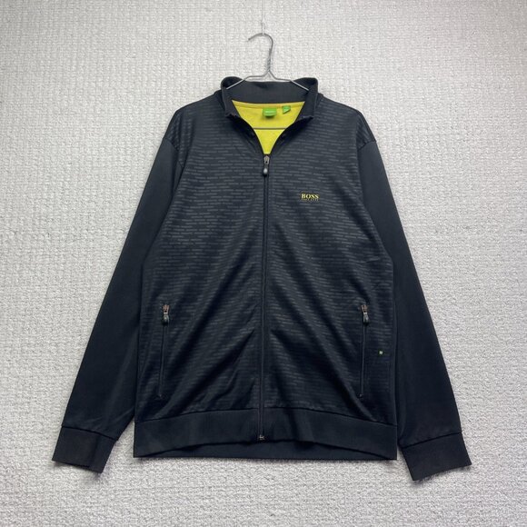 Hugo Boss Track Jacket Tech Full Zip Men L Geometric Black AOP w/ Yellow Logo - Picture 1 of 16